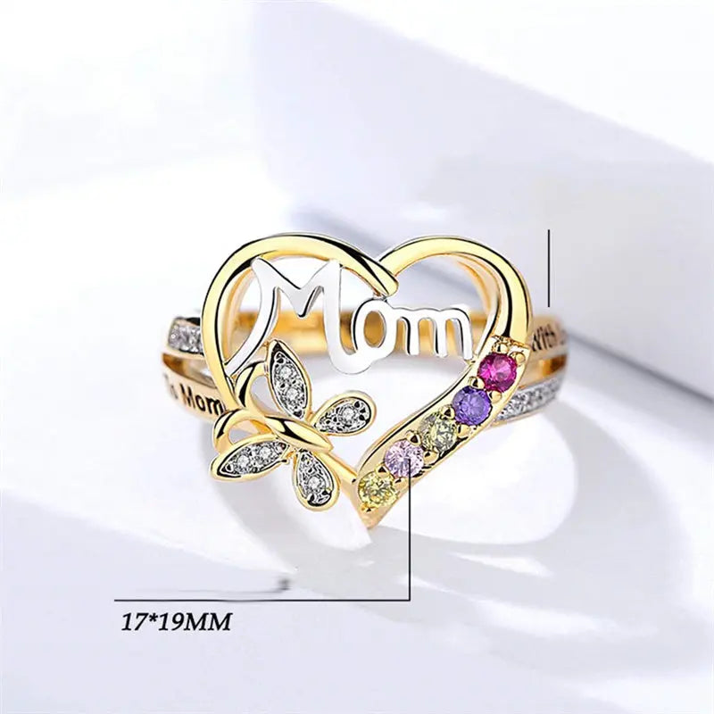 Mother's Day Gift Hollow Heart English Letter Love Mom Rhinestone Butterfly Finger Ring Jewelry Gift GypsyLadys