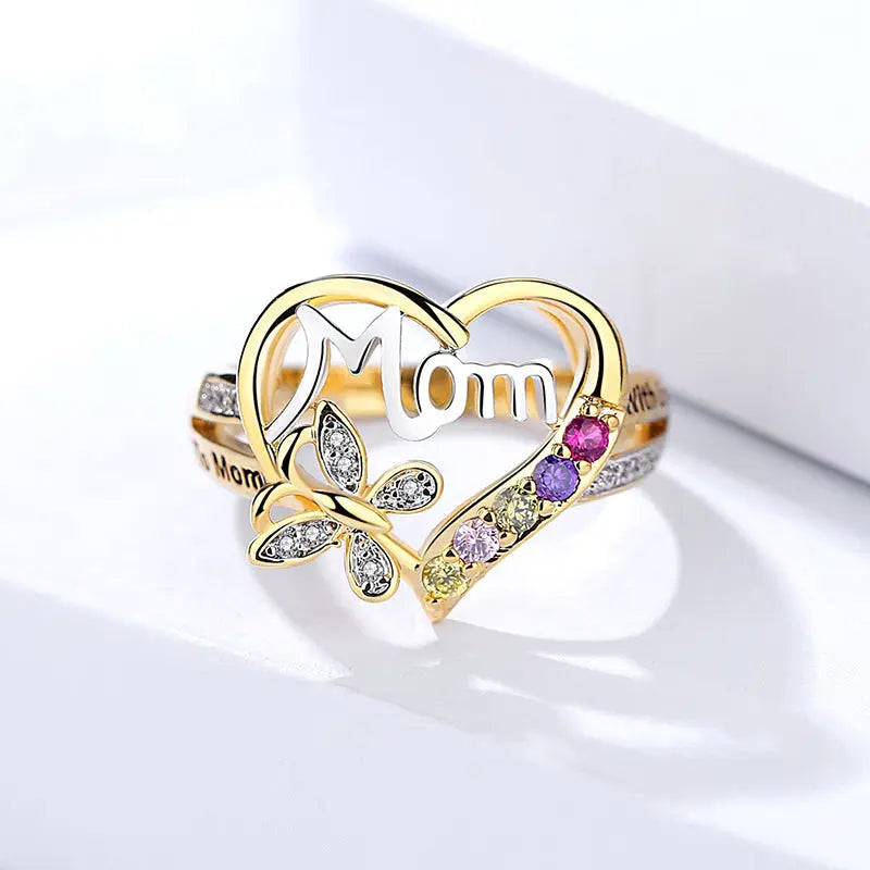 Mother's Day Gift Hollow Heart English Letter Love Mom Rhinestone Butterfly Finger Ring Jewelry Gift GypsyLadys